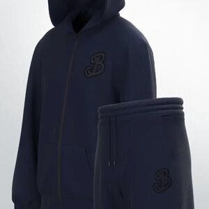 Navy Blue Hoodie and Jogger Set with blue and black embroidered logo.